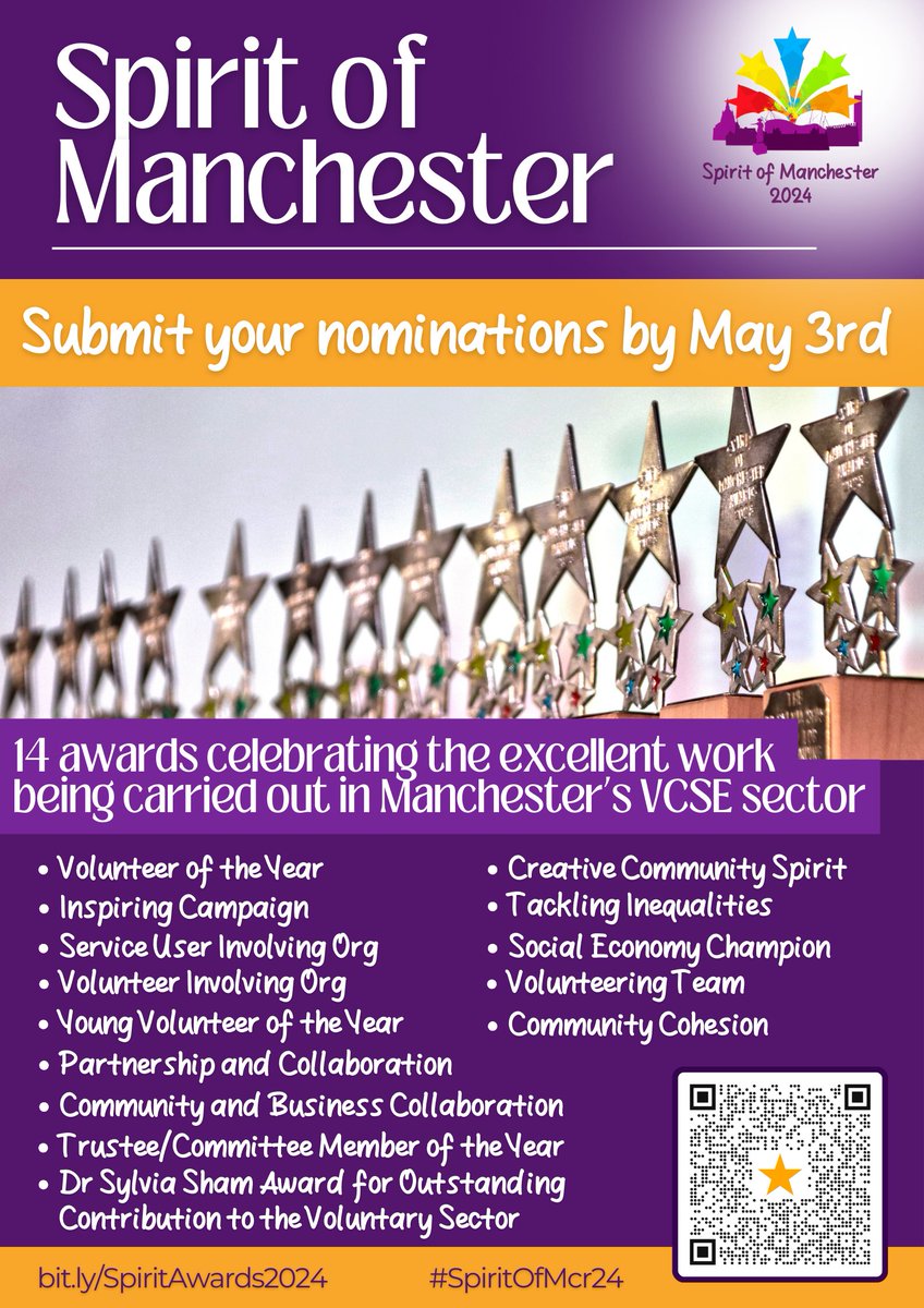 Submit your nomination for the Spirit of Manchester 2024! We're seeking nominations to recognise outstanding contributions in Manchester over the past year. It could be anyone - a friend, neighbour, community group, or even yourself!
manchestercommunitycentral.org/spirit-manches…