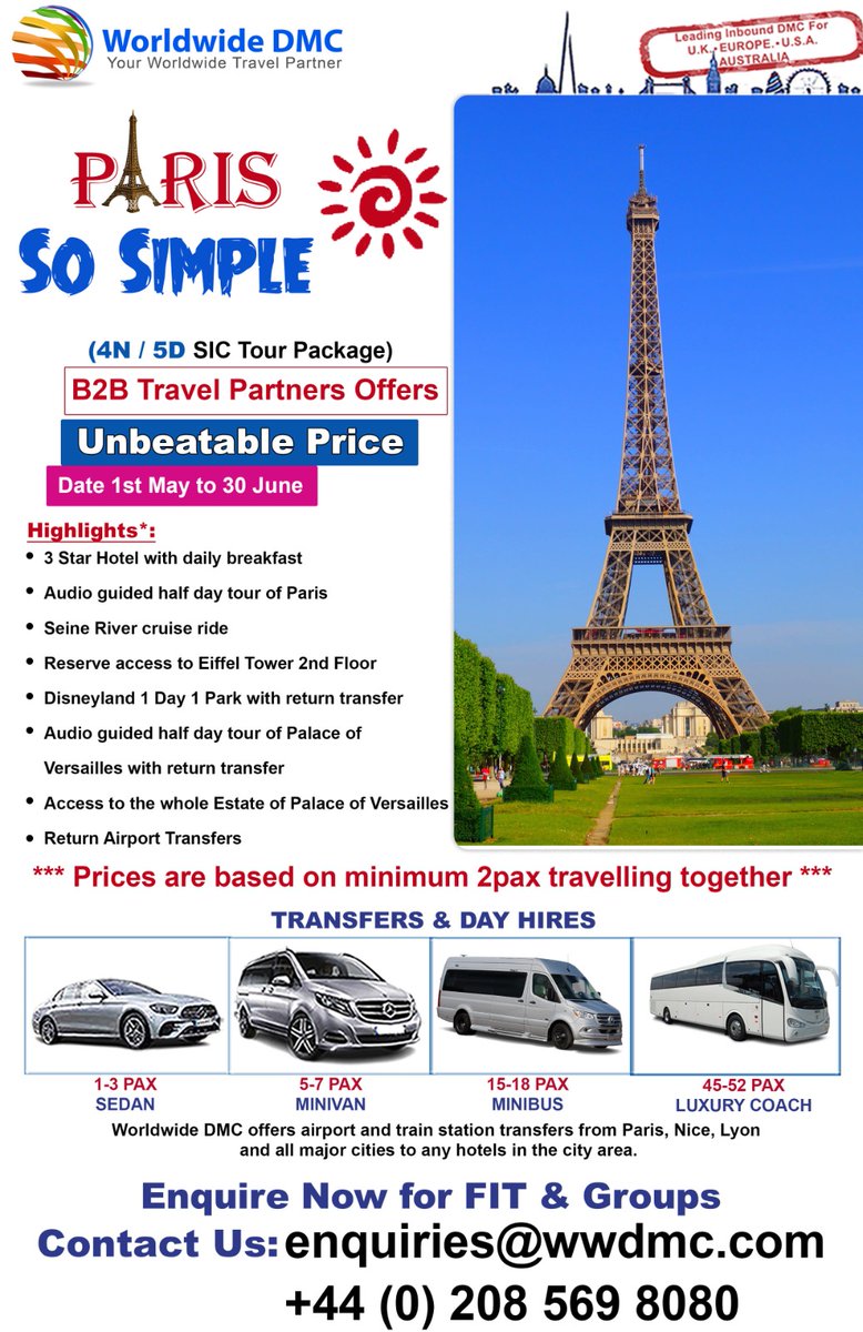 Immerse yourself in the magic of Paris with Worldwide DMC's incredible Paris #SoSimple #TourPackage, available for a #limitedtime only!
Connect with your nearest #touroperator today to secure this unbeatable deal before it's gone.
#EuropeDMC #France #Paris #EiffelTower