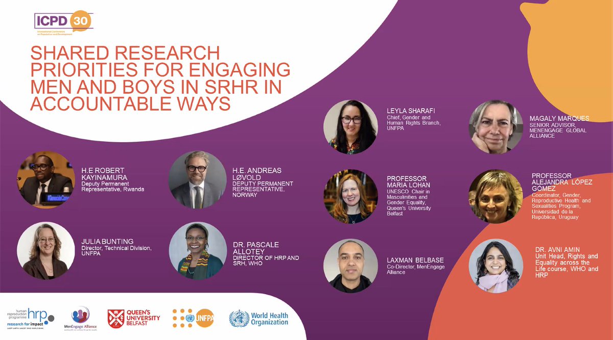 🧵Follow this thread for live posts from: 'Shared research priorities for engaging #MenAndBoys in #SRHR in accountable ways' – happening now at @UNFPA's Orange Cafe on the sidelines of #CPD57 in #NY #ICPD30 With @WHO @HRPResearch @QUBSONM Streaming at: bit.ly/1MayCPD57