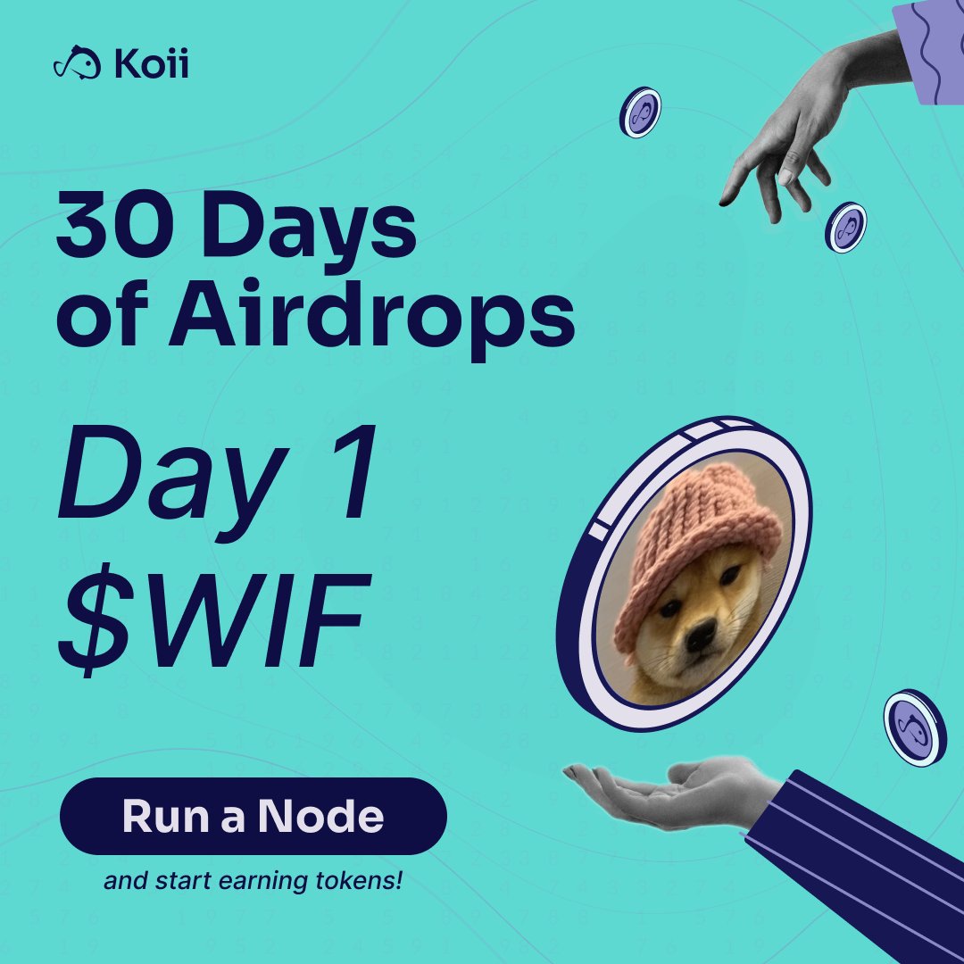 Koii's 30 Days of Airdrops: Day 1 - $WIF! 🐶 We're airdropping $WIF, the famous memecoin on @Solana, to users running the Koii node today! Fun fact! Koii's 63,000+ node network allows AI companies to pre-process and clean data at a fraction of the cost of traditional cloud…
