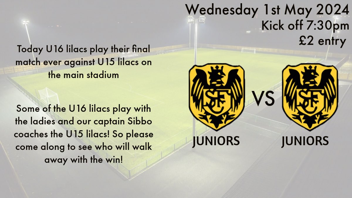 Tonight U15 &amp; U16 lilacs take on one another at the stadium!

This is U16 lilacs last ever game with some girls having already been starting to play/train with us. 

Whilst the U15 lilacs are managed by our captain Sibbo &amp; <a href="/StotfoldFCWomen/">Stotfold FC Women</a> Amelia. 

Who will come out on top!💛🖤