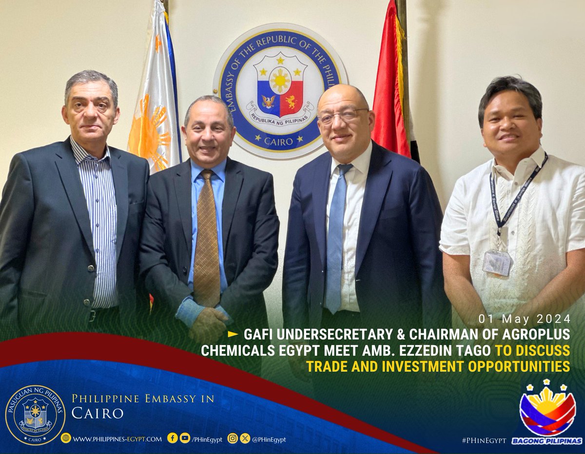 On 01 May 2024, GAFI Undersecretary & Chairman of AgroPlus Chemicals Egypt meet Amb. Ezzedin Tago to discuss trade and investment opportunities.

Full article: philippines-egypt.com/post/gafi-unde…

#phinegypt
#DFAForgingAhead