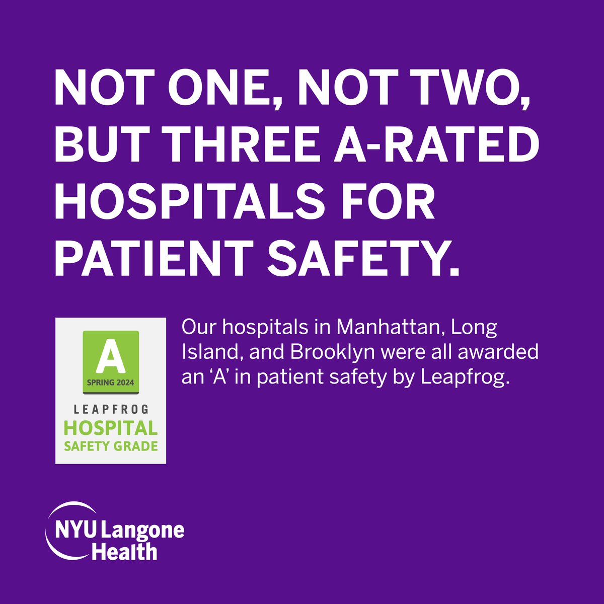 NYU Langone Health's unwavering commitment to excellence in patient care and safety has been recognized by Leapfrog, awarding our hospitals in Manhattan, Long Island, and Brooklyn with 'A' grades for the eighth consecutive time. Learn more: bit.ly/3QrGVXo