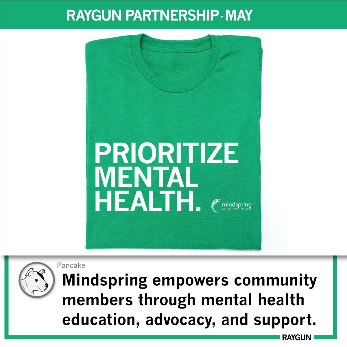 Happy May! We have some great new partnerships to announce to kick the month off. We are working with The Wellbeing Partners, Kings Harvest Pet Rescue, and @mindspringinfo to help raise proceeds. Check them out online now, in stores soon! #raygun