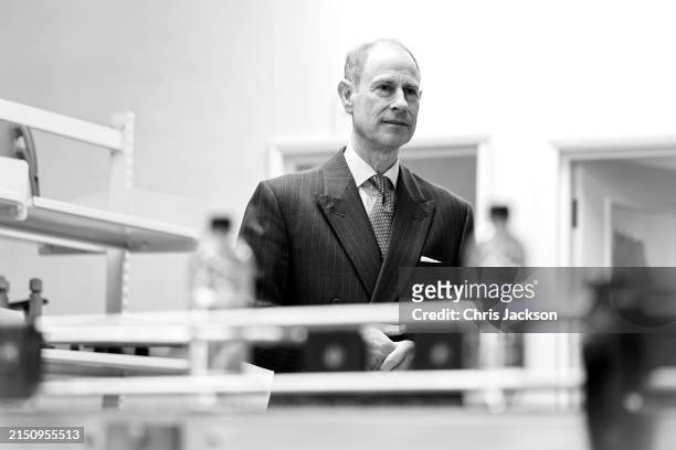 Image has been converted to black and white.
Prince Edward, Duke of Edinburgh during a visit to Osel Enterprises, Wight Crystal Bottling Plant on May 01, 2024 in Newport, Isle of Wight, United Kingdom. 

(Photo by Chris Jackson/Getty Images)