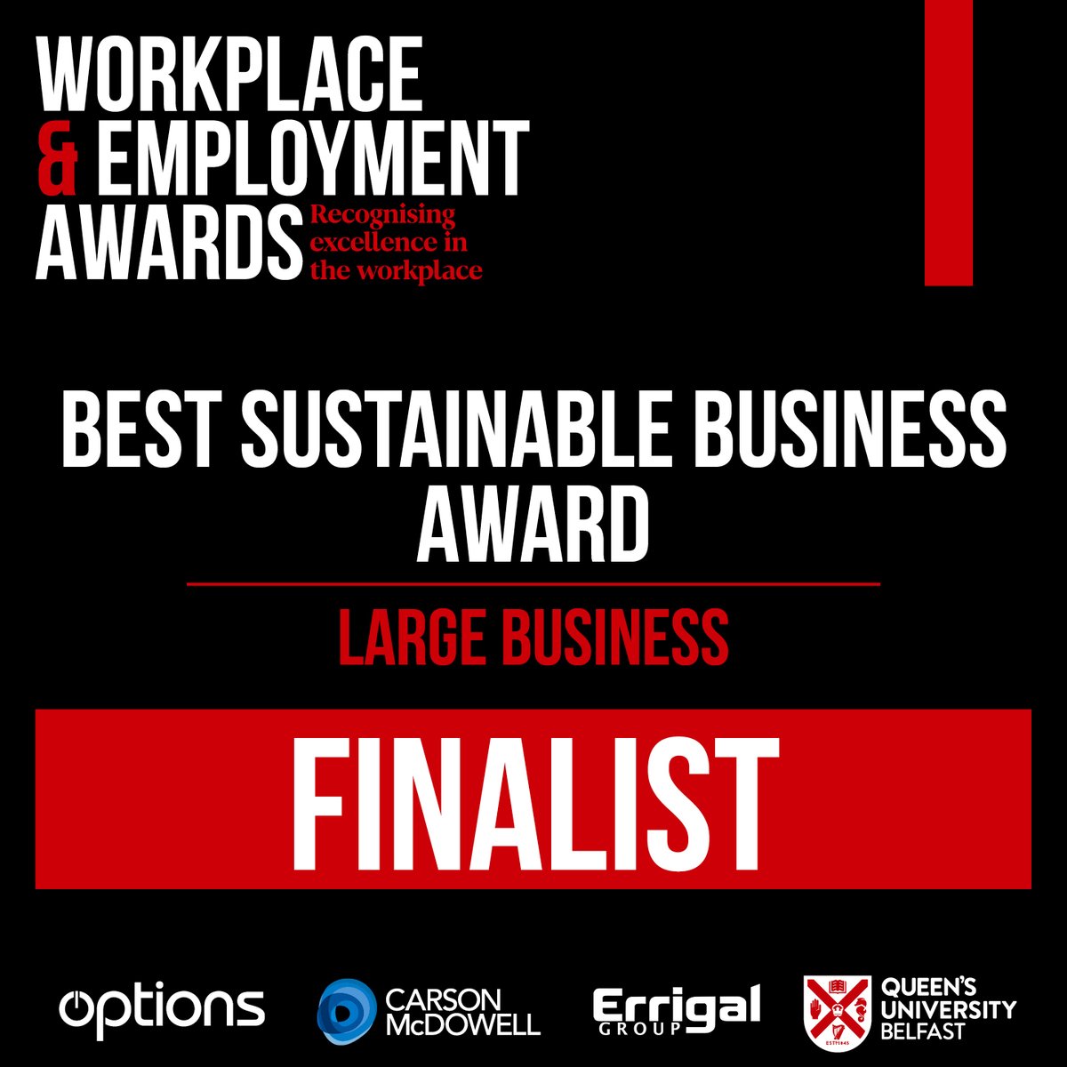 We are really pleased to be shortlisted for the 'Best Sustainable Large Business Award' at the @irish_news Workplace & Employment Awards! This nomination recognises our efforts to lower our carbon footprint and champion sustainability. #WEA24 #BusinessAwards #SustainableBusiness