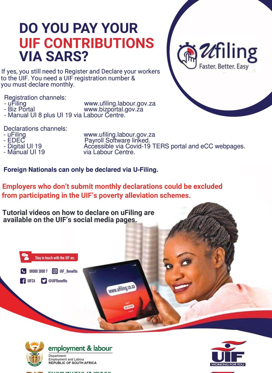 Here is what you need to know if you pay your #UIF declarations through @sarstax.

#UIF
#WorkingForYou
#Employment