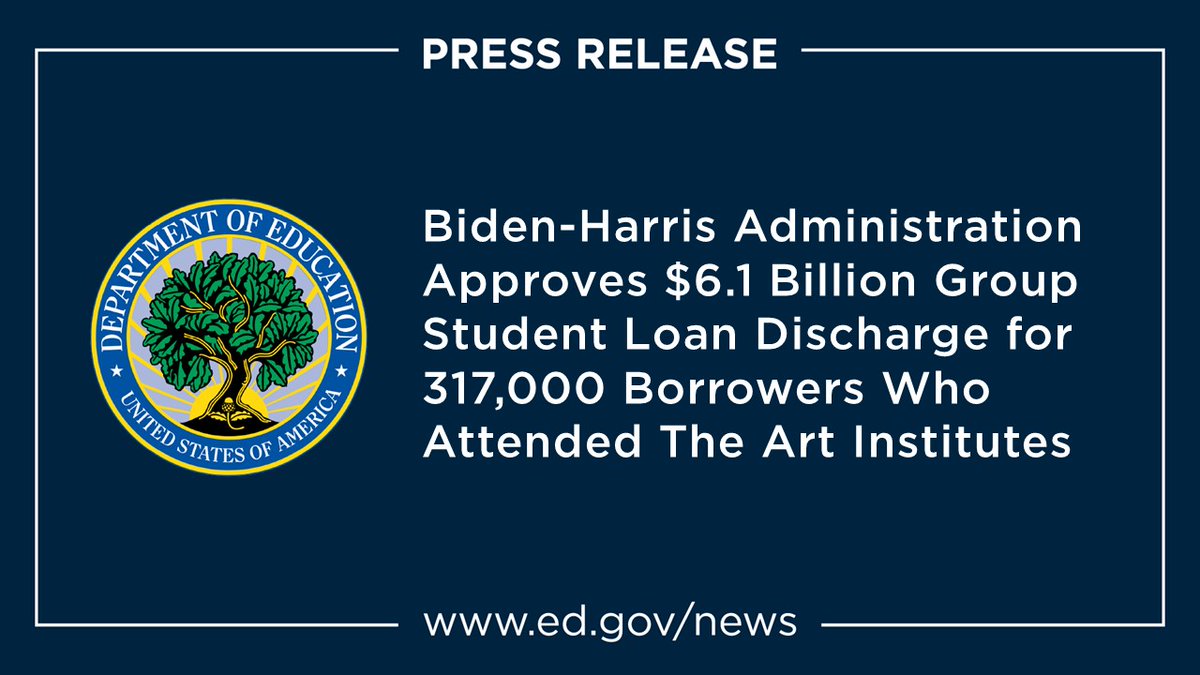 NEWS: The Biden-Harris Administration has announced $6.1+ billion in automatic student loan relief to nearly 317,000 borrowers who enrolled at any Art Institute campus from January 1, 2004 to October 16, 2017.

ED found that The Art Institutes and its parent company, Education