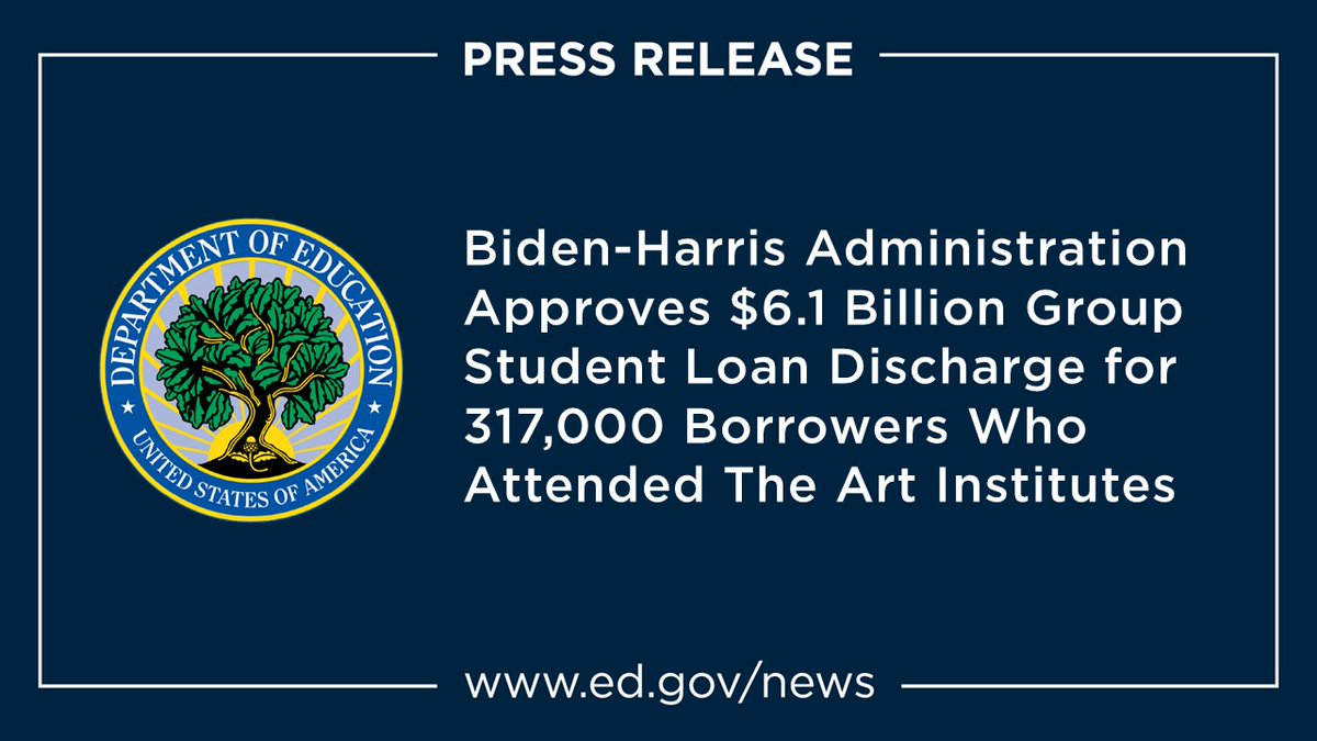 NEWS: The Biden-Harris Administration has announced $6.1+ billion in automatic student loan relief to nearly 317,000 borrowers who enrolled at any Art Institute campus from January 1, 2004 to October 16, 2017. ED found that The Art Institutes and its parent company, Education…