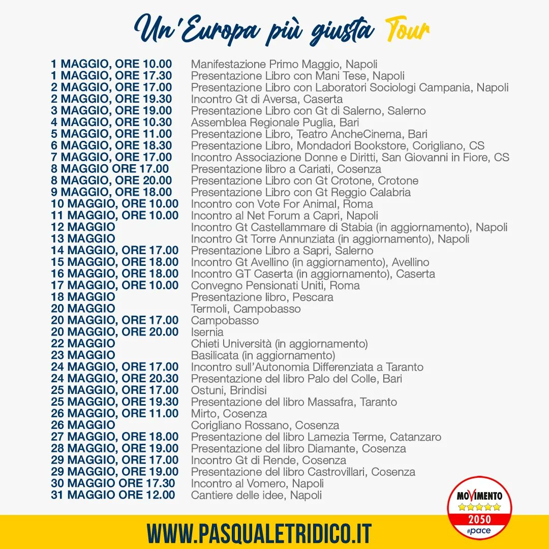 Carissimi amici, parte ufficialmente oggi il mio tour in giro per le 6 regioni di cui sono capolista. Sarà l'occasione per conoscerci meglio e parlare insieme. Tanta voglia di Sud, tanta voglia di rappresentarlo! Vi aspetto! #UnEuropaPiuGiusta