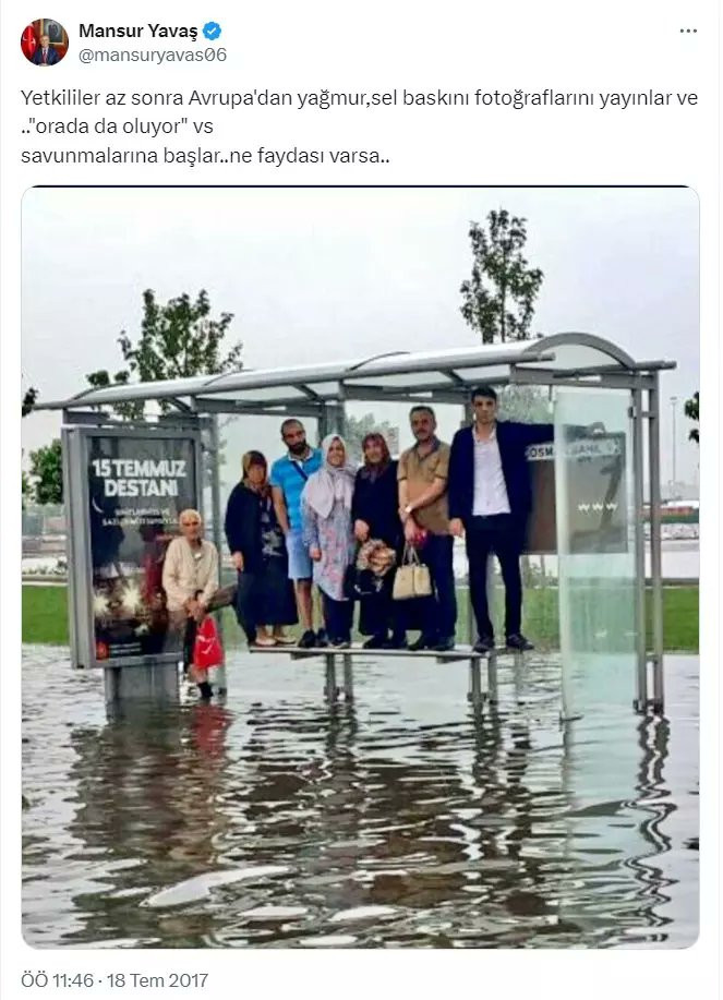 Mansur Yavaş, Temmuz 2017'de bunu paylaşıp, 'Sorun afet değil kafa' demişti. Mayıs 2024'teyiz. Tablo daha da ağırlaştı. Ankara'da yağmur yüzünden metro istasyonu kapandı. Ama Mansur Bey ortada yok. Çünkü, o sorun denilen kafalar yönetiyor bugün Ankara'yı!