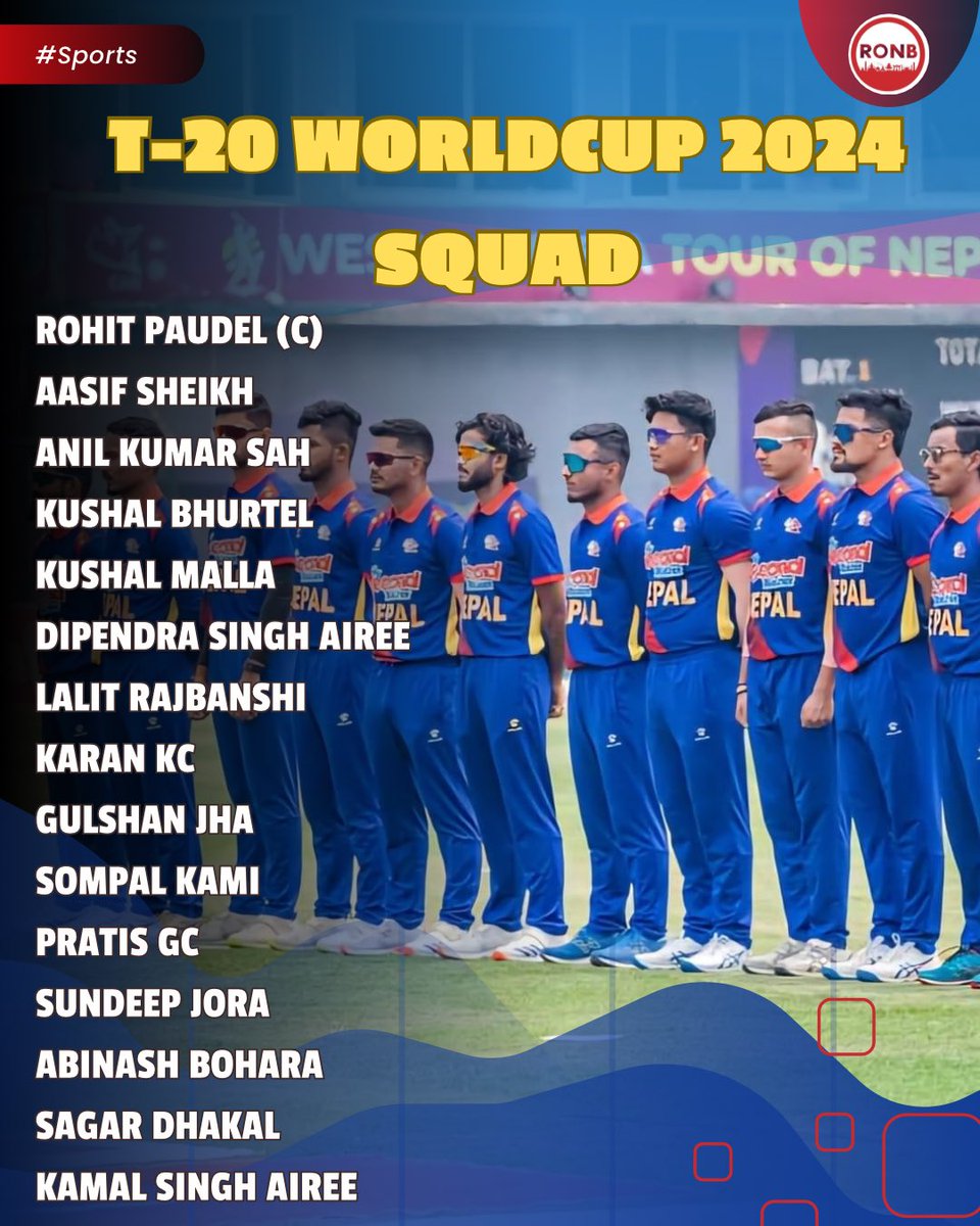 BREAKING: Nepal has announced 15 man team for T-20 Worldcup 2024. Here are the names: Rohit Paudel (C) Aasif Sheikh Anil Kumar Sah Kushal Bhurtel Kushal Malla Dipendra Singh Airee Lalit Rajbanshi Karan Kc Gulshan Jha Sompal Kami Pratis Gc Sundeep Jora Abinash Bohara Sagar Dhakal…