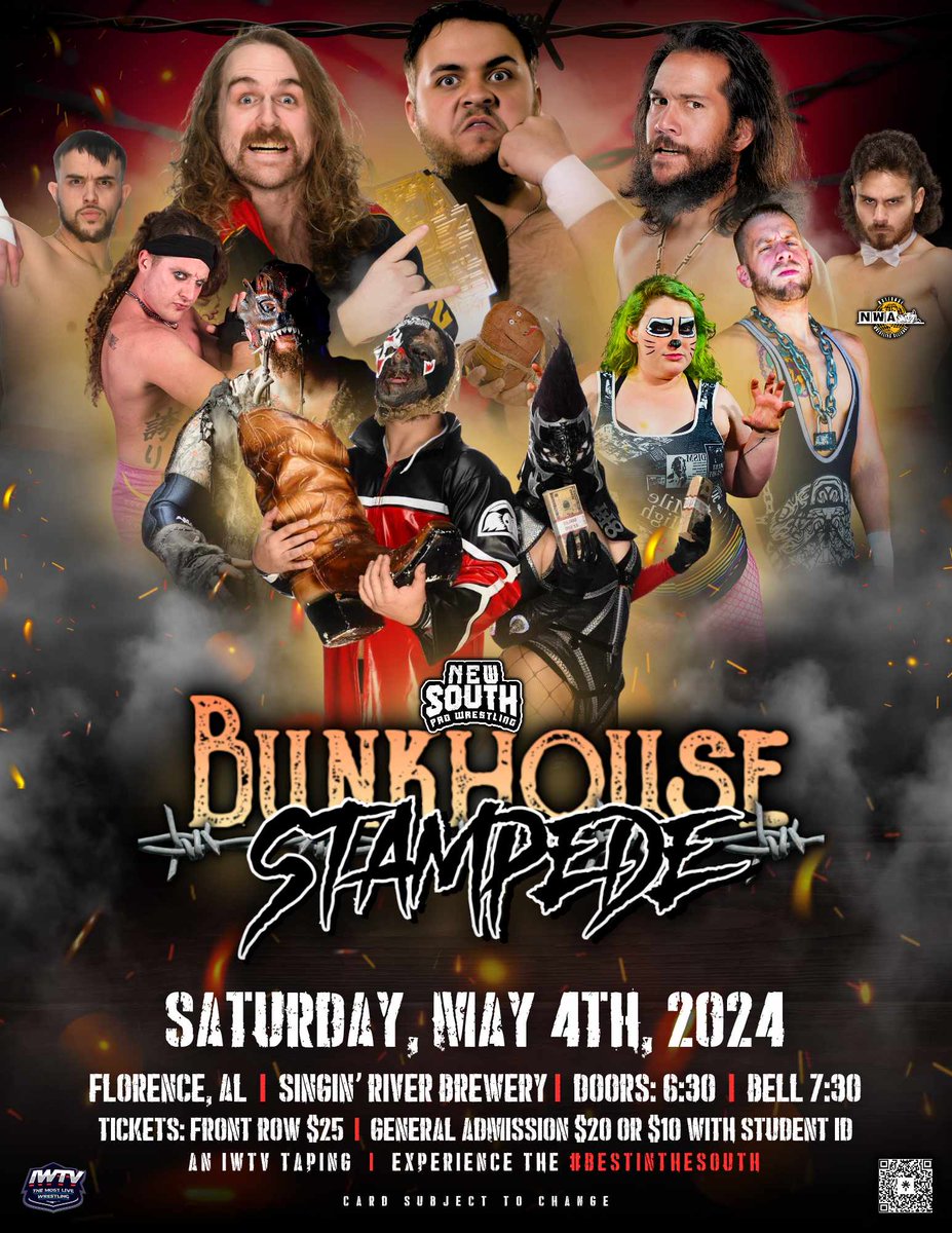 THIS SATURDAY night,May 4th, @NewSouth_PW returns to the Singin River Live in Florence,AL for the BUNKHOUSE STAMPEDE! General Admission 20$ UNA students 10$ with a student ID 💥New South Heavyweight Championship💥 @toon_brayden defends against the Carnie's @kerryawful…