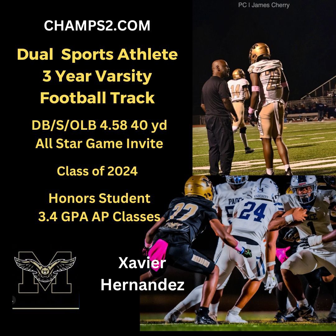 C.H.A.M.P.S. Inc. Scouting & Recruiting Since 2002 (@gochamps) on Twitter photo CHAMPS Prospect Xavier Hernandez 5’11 175 lb 4.5 40yd OLB/DB 3 yr Varsity FB & Track High Academics Achiever 3.4 GPA <a href="/McDonoughFB/">McDonough High School Football</a> #uncommitted #nextlevel #compete #defense #moreinfo 770-394-3324
<a href="/GoCHAMPS/">C.H.A.M.P.S. Inc. Scouting & Recruiting Since 2002</a> CHAMPS Prospect Xavier Hernandez 5’11 175 lb 4.5 40yd OLB/DB 3 yr Varsity FB & Track High Academics Achiever 3.4 GPA <a href="/McDonoughFB/">McDonough High School Football</a> #uncommitted #nextlevel #compete #defense #moreinfo 770-394-3324
<a href="/GoCHAMPS/">C.H.A.M.P.S. Inc. Scouting & Recruiting Since 2002</a>