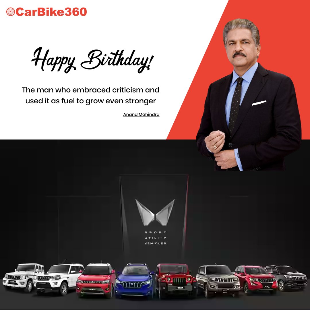 Wishing Anand Mahindra a very Happy Birthday from all of us at CarBike360! 
Your pioneering spirit has transformed the automotive industry, making passenger vehicles more than just modes of transport. 
#AnandMahindra #HappyBirthday #AutomotiveIndustry #PassengerVehicles