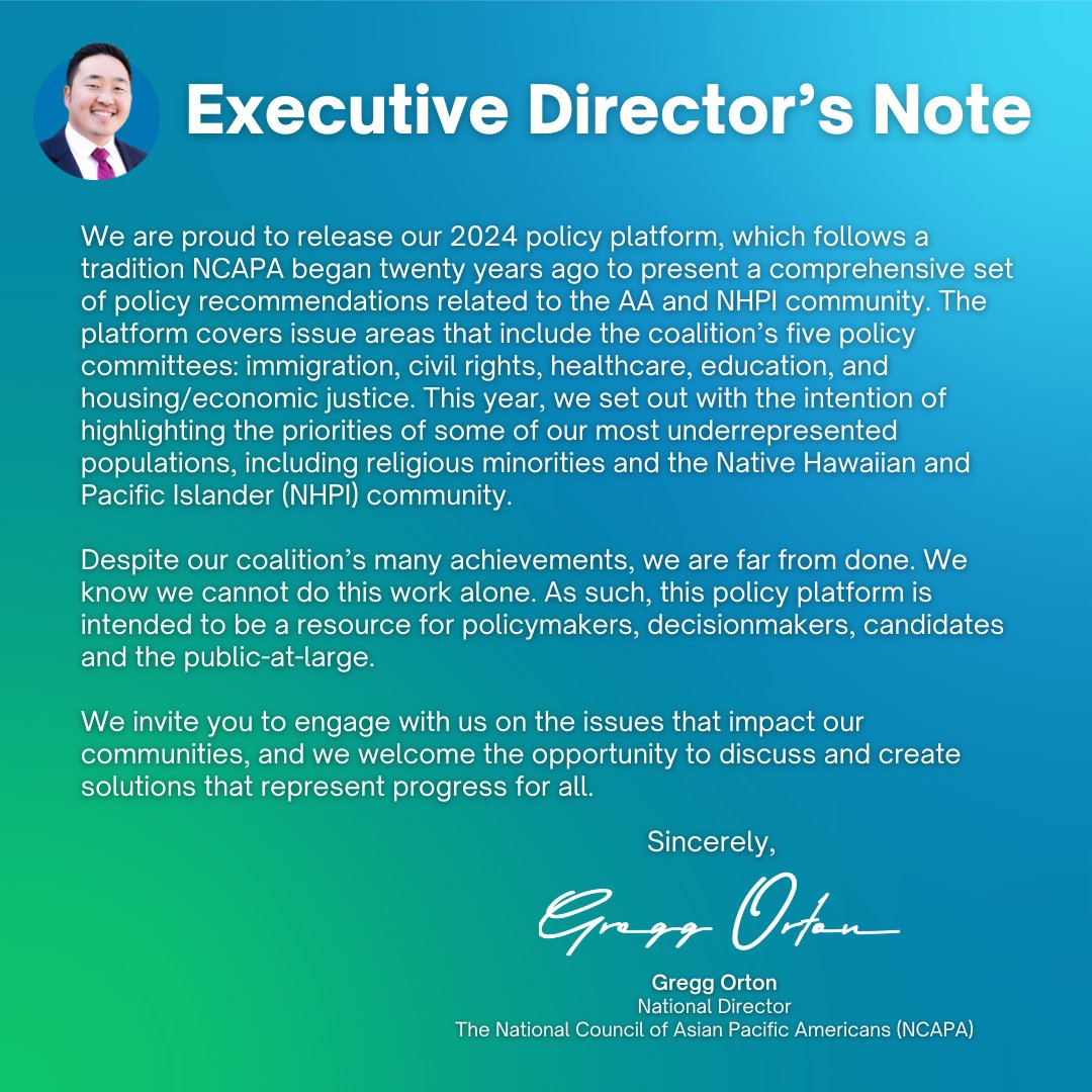 🚨NEW: 2024 POLICY PLATFORM

NCAPA is excited to launch our 2024 policy platform! Check out our policy priorities in key issue areas impacting #AANHPIs: immigration, civil rights, health, education, housing and economic justice, AA & NHPI workers, and technology. 

(1/3)