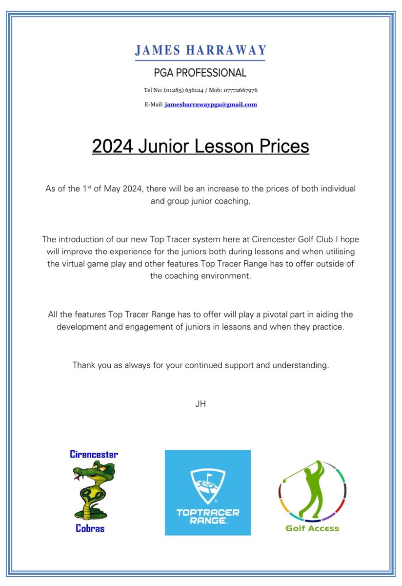 Junior Lesson Price Information @CirencesterGolf @Toptracer @GolfAccessprogm #golfinthecotswolds #growingthegame #juniorgolf #techingolf #cobras🐍 ⛳️🏌🏼‍♀️🏌🏻‍♂️💻📱