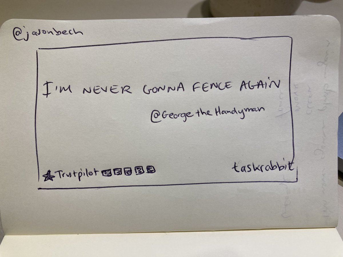 Jason Bechervaise (@jasonbech) on Twitter photo I’m never gonna fence again… #tasklyrical
<a href="/OneMinuteBriefs/">One Minute Briefs ⏱️</a> <a href="/Taskrabbit/">Taskrabbit</a>
taskrabbit.co.uk/services I’m never gonna fence again… #tasklyrical
<a href="/OneMinuteBriefs/">One Minute Briefs ⏱️</a> <a href="/Taskrabbit/">Taskrabbit</a>
taskrabbit.co.uk/services