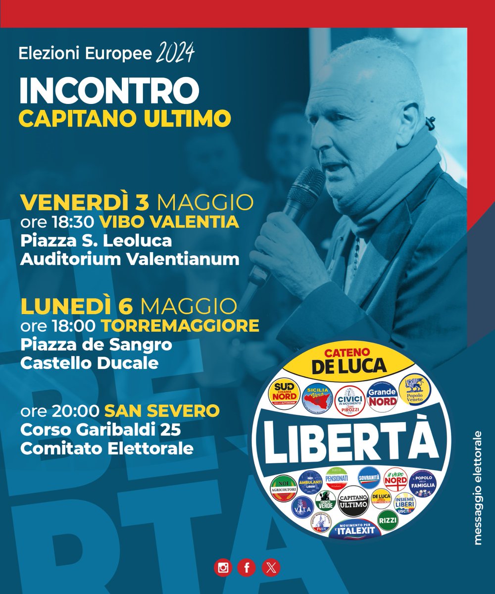 ❗Il mio calendario è in continuo aggiornamento.

3 Maggio: Calabria, Vibo Valentia.

6 Maggio: Puglia, Torremaggiore e San Severo.

💪 Spargete la voce e vi aspetto numerosi.

#CapitanoUltimo #europee2024 #politica #libertà