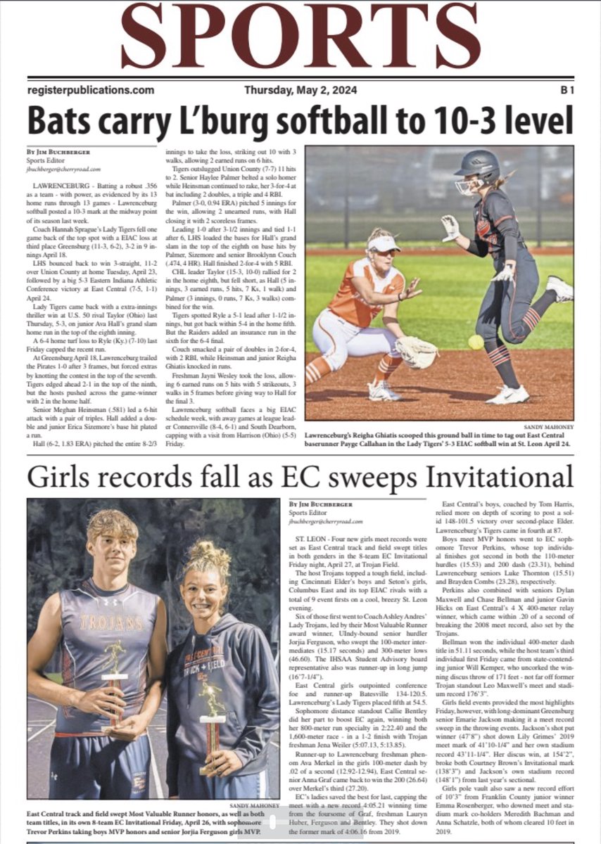 Front page of the sports section, out tomorrow.
@ECTrojanSoftbal @LHSTiger_SB