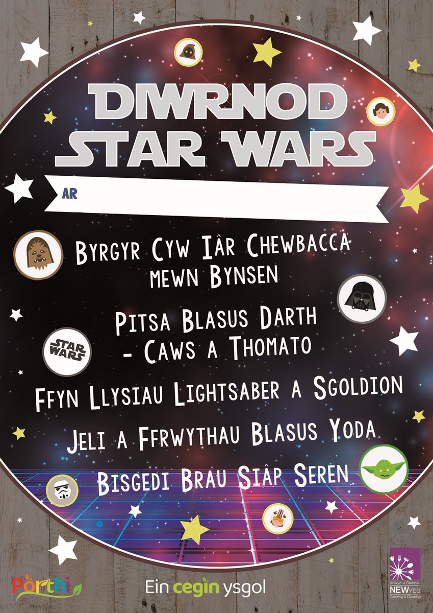 Star Wars Theme Day Menu available in all Primary Schools on Friday 3rd May Bwydlen Diwrnod Thema ‘Star Wars’ ar gael ym mhob Ysgol Gynradd ddydd Gwener 3 Mai