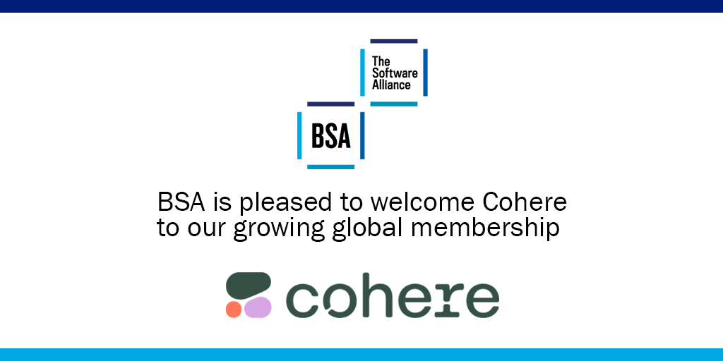 🎉 BSA is excited to welcome @cohere as our newest global member!

Cohere's Director of Legal Kosta Starostin will join BSA's Board of Directors. We look forward to working with the Cohere team on policy issues like AI and privacy. 

Read more here: bit.ly/4bd3TJO