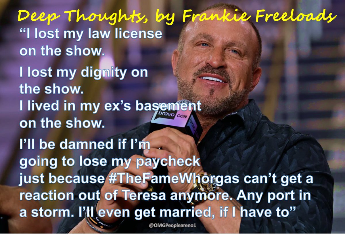 Why aren't we talking more about the Hail Mary play that is #FrankyFreeloads ratting out #ViolentMeatball to  #TeresaGiudice ? Doesn't he have a chain of gyms to run & other people's housewives to train? #RHONJ