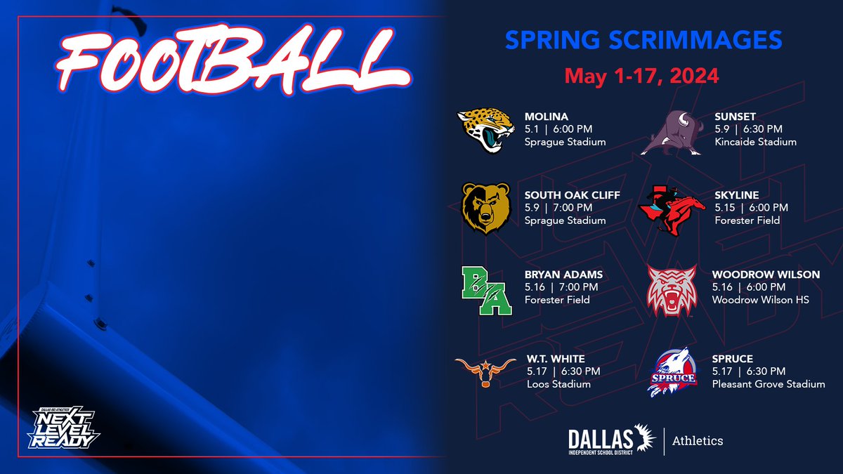 Here is the spring football scrimmage schedule for the eight Dallas ISD teams that are having spring ball. Molina kicks it off tonight. #NextLevelReady