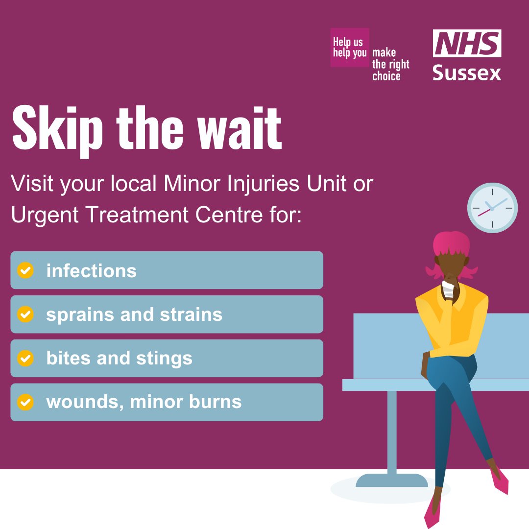 A&E departments in Sussex are currently extremely busy. If you need urgent care, a Minor Injuries Unit (MIU) might be the best place to go. They can help with things like sprains and strains, eye problems and minor head injuries. nhs.uk/nhs-services/u…