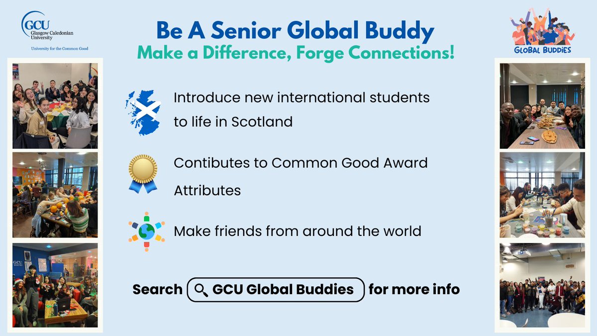 We're recruiting Senior Global Buddies for the 2024/25 academic year! 😎 As a Senior Global Buddy you’ll support a small group of international students through their first term in Glasgow🥰 Find out more and apply 👉 gcu.ac.uk/currentstudent…