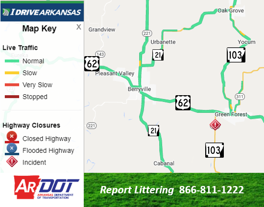 Carroll Co: (UPDATE) Hwy. 103 NB right shoulder remains blocked due to an accident 1.1 mile south of Green Forest. Monitor at IDriveArkansas.com. #artraffic #nwatraffic twitter.com/IDriveArkansas…