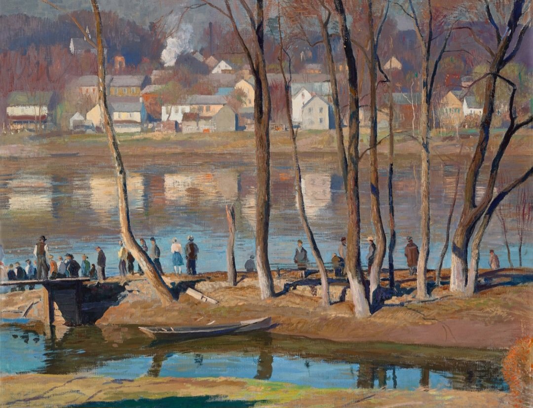 'Shad Fishery.' (1943) Daniel Garber's poetic sensibility as a painter has always ranked him among the most celebrated artists of the New Hope School of Pennsylvania.

 Although he adopted the techniques of French Impressionism, he rejected the Impressionist idea of painting…