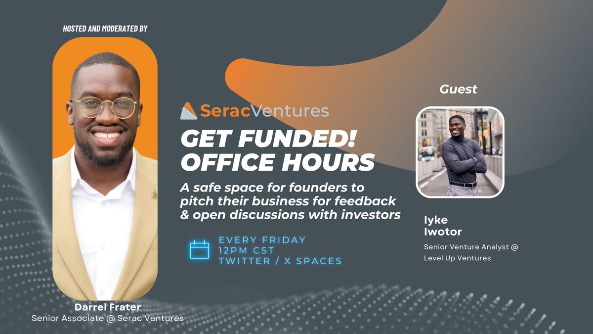 This week for our Office Hours series we have Iyke Iwotor, Investor at Level Up Ventures!

Stage: Pre-Seed/Seed
Industries: B2B SaaS, HealthTech, FinTech, ClimateTech, Future of Work, Transportation, SportsTech, & PropTech
Geography: US
Check Size: $300K
Traction: Post Revenue