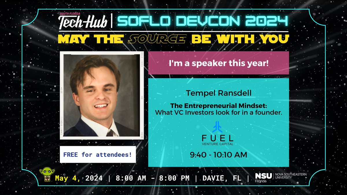 Our Tempel Ransdell will be speaking at @TechHubFL's SoFlo Devcon this Saturday at @NSUFlorida! He will be speaking about what VC investors look for in a founder. Register at the link below. @NikkiCabus #BuildingSoFlo #SouthFloridaTech #Fueled tickets.joinshowup.io/event/soflo-de…