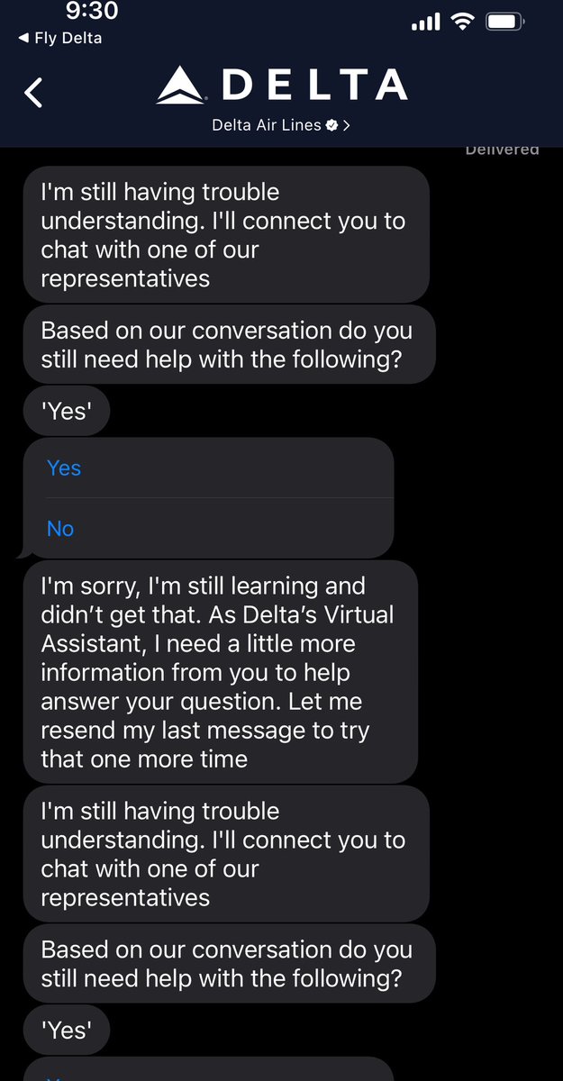 MisterScruff's tweet photo. @Delta your chatbot is broken https://t.co/1QCeQcyarM