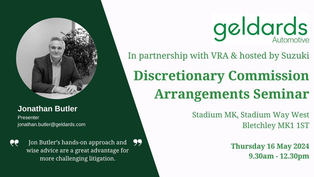 Geldards are working in partnership with the VRA and Suzuki to host a special seminar focused on discretionary commission arrangements (DCAs). For further details and to book your space: bit.ly/VRA160423