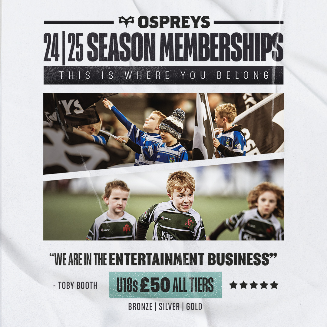Get your Ospreys 24/25 Season Memberships now: kids go for just 50 quid! ✅ Free Dragons tickets (May 18th) ✅ 82% home win rate ✅ On the road to URC knockouts 🎫 bit.ly/OSP2425 #TogetherAsOne #BackInBlack