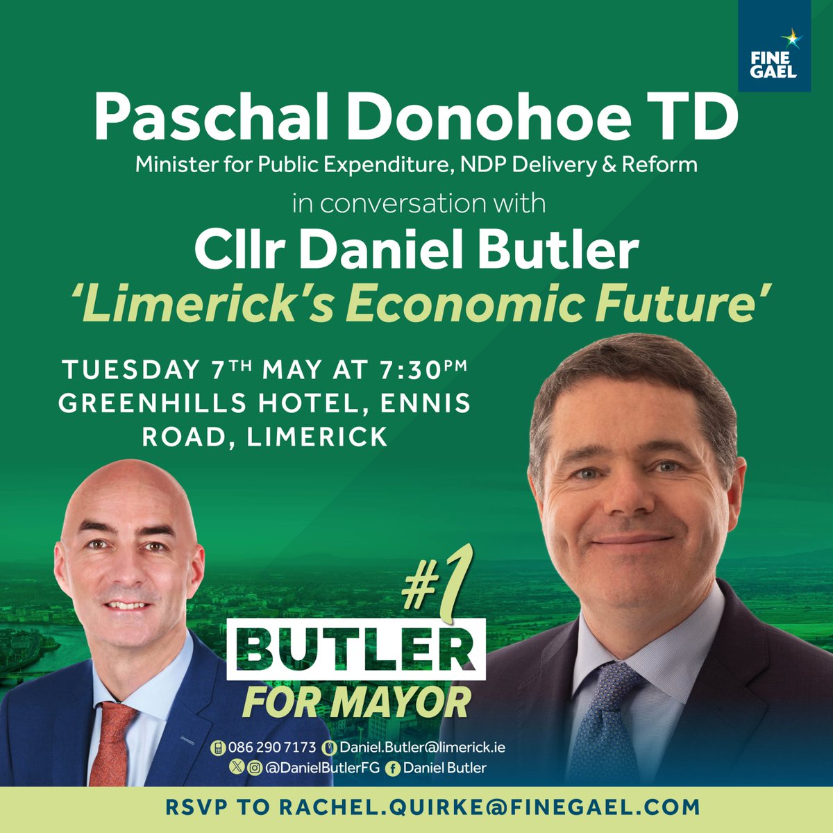 Delighted to invite you to join me in a conversation with @Paschald TD, Minister for Public Expenditure, NDP Delivery & Reform. We will be discussing Limericks Economic Future. We will also be joined by a local industry leader. RSVP to Rachel.Quirke@FineGael.com #ButlerForMayor
