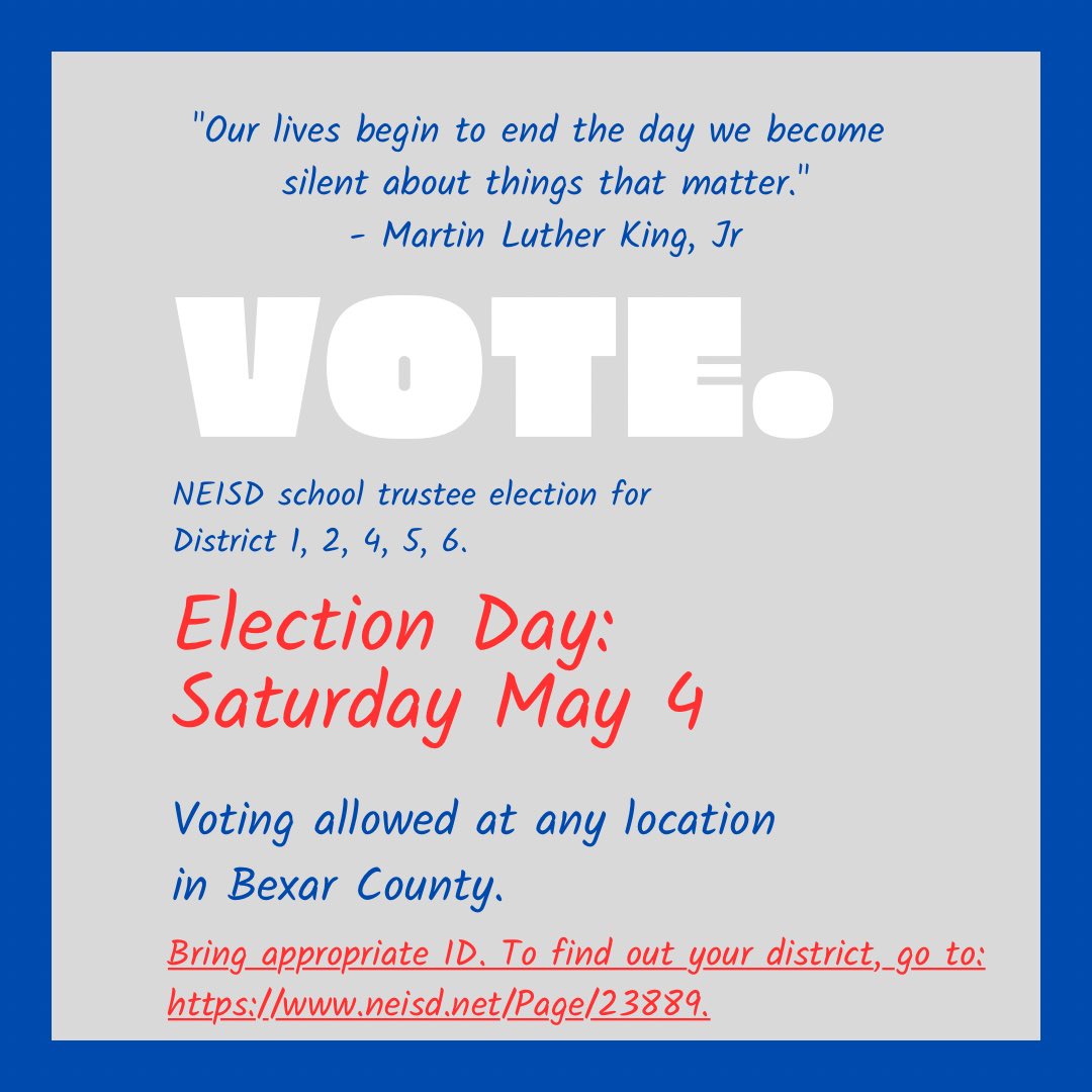 Did you miss early voting for the school board trustee election? Don’t worry you have One Last Day to vote…Saturday!!  

👉🏻Do it for the students and teachers!