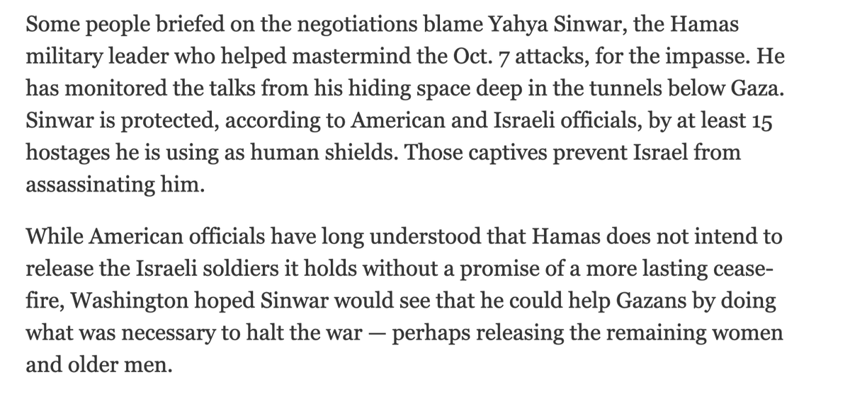 NYT: Yahya Sinwar hides  with at least 15 hostages used as human shield.

Another one of those things Hitler didn't do.

Hamas is worse than Nazis, and they have much support among the Palestinians. I don't care how much the comparison angers you, but that's the side you're on.