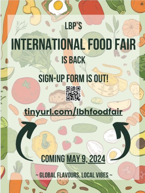 LBP's Food Fair is happening on Thursday, May 9 🍔🍜🍗
Sign up to sell your favorite dish!! 
Share your culinary creations with the wider Pearson Community!! 
More details to come! 
#WeAreLBP <a href="/LBPStuCo/">LBP Student Council</a>