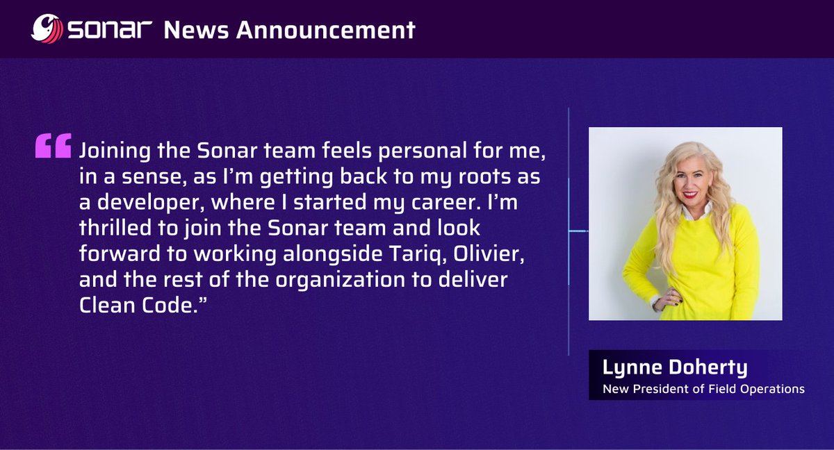 Sonar (@sonarsource) on Twitter photo 📣 We have a new President of Field Operations – <a href="/lynne_doherty/">Lynne Doherty</a>
A sales leader with 20+ years of experience, and a developer at heart, we are thrilled to have Lynne join the Sonar team and help us bring Clean Code to developers around the world 🤗 📣 We have a new President of Field Operations – <a href="/lynne_doherty/">Lynne Doherty</a>
A sales leader with 20+ years of experience, and a developer at heart, we are thrilled to have Lynne join the Sonar team and help us bring Clean Code to developers around the world 🤗