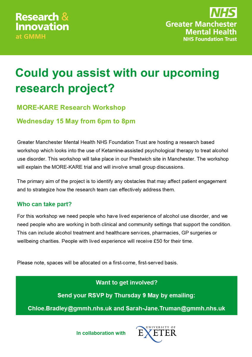 Do you want to learn more about the latest research in alcohol use disorder? We are looking for professionals from a wide range of services within the field to help us understand what the potential blockers to engagement with the research could be. @GMMH_NHS