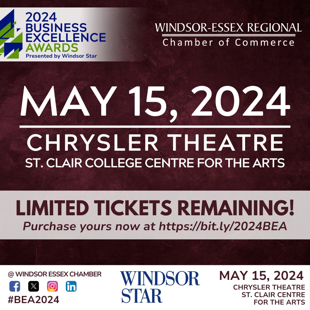 For anyone putting off purchasing their tickets to the @WERCofC's 2024 BEA, presented by @TheWindsorStar, now is the time! With less than 50 tickets remaining, make sure you secure your spot at the premier business event of the year! Visit bit.ly/2024BEA #BEA2024