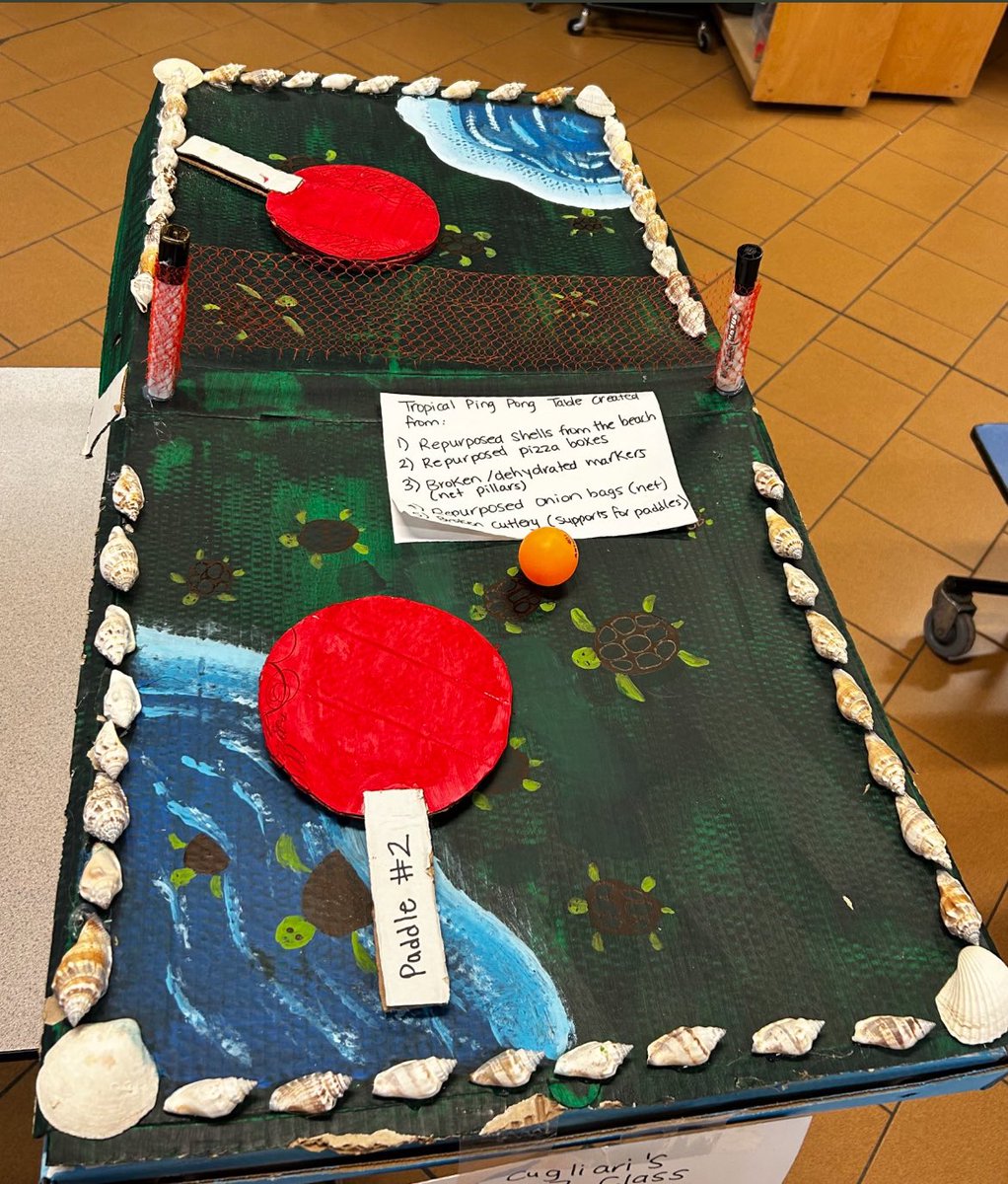 Intermediate STEAM challenge winner: 

Ms. Cugliari’s class tropical ping-pong table 🏓

Created from repurposed:
 - Pizza boxes (paddles and table base)
- Onion bag (net)
- Dehydrated markers (net poles)
- Shells from the beach (lines)
- Damaged cutlery (supports for paddles)