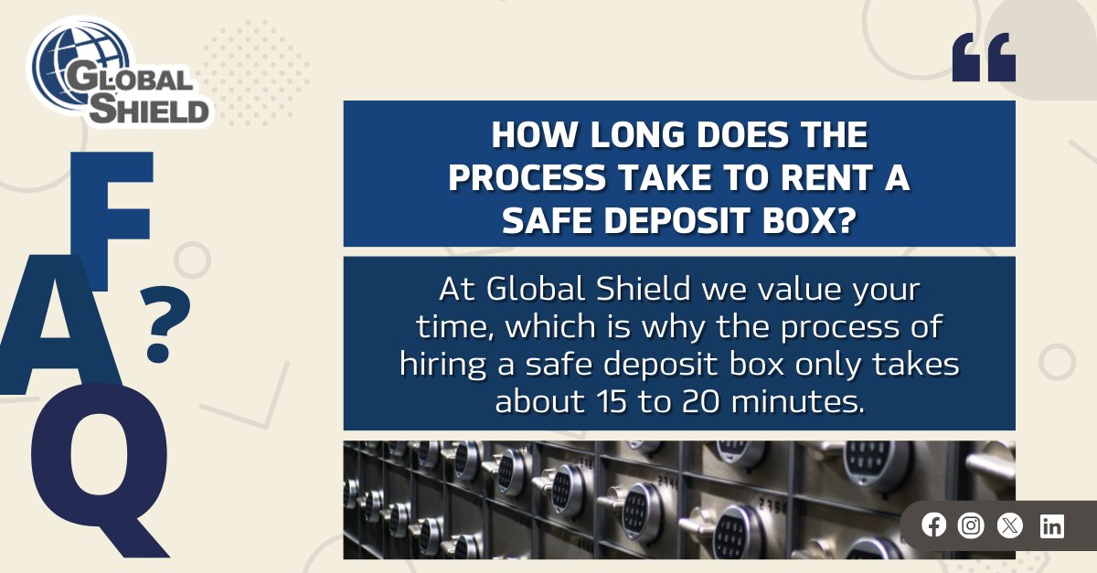 In the blink of an eye, your safe deposit box contracting process is complete. 🔐💰
globalshield.com.mx/faq/
Our branches
🌐Interlomas CDMX
🌐Andares Guadalajara
🌐Punto Sur Jalisco
🌐Midtown Jalisco
🌐Marina Puerto Cancún
#Globalshield #safetyboxes #safetyboxrental