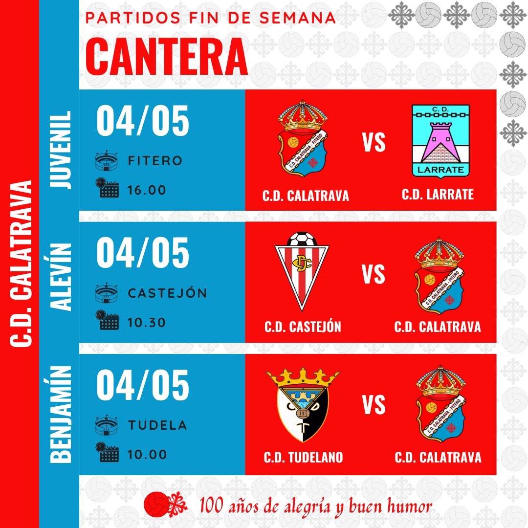 CANTERA | Estos son los partidos para nuestros equipos de cantera este fin de semana. Todos los equipos de cantera jugarán el sábado y salvo el juvenil (sábado - 16:00) los demás buscarán la victoria lejos de Fitero.

#100añosdealegríaybuenhumor