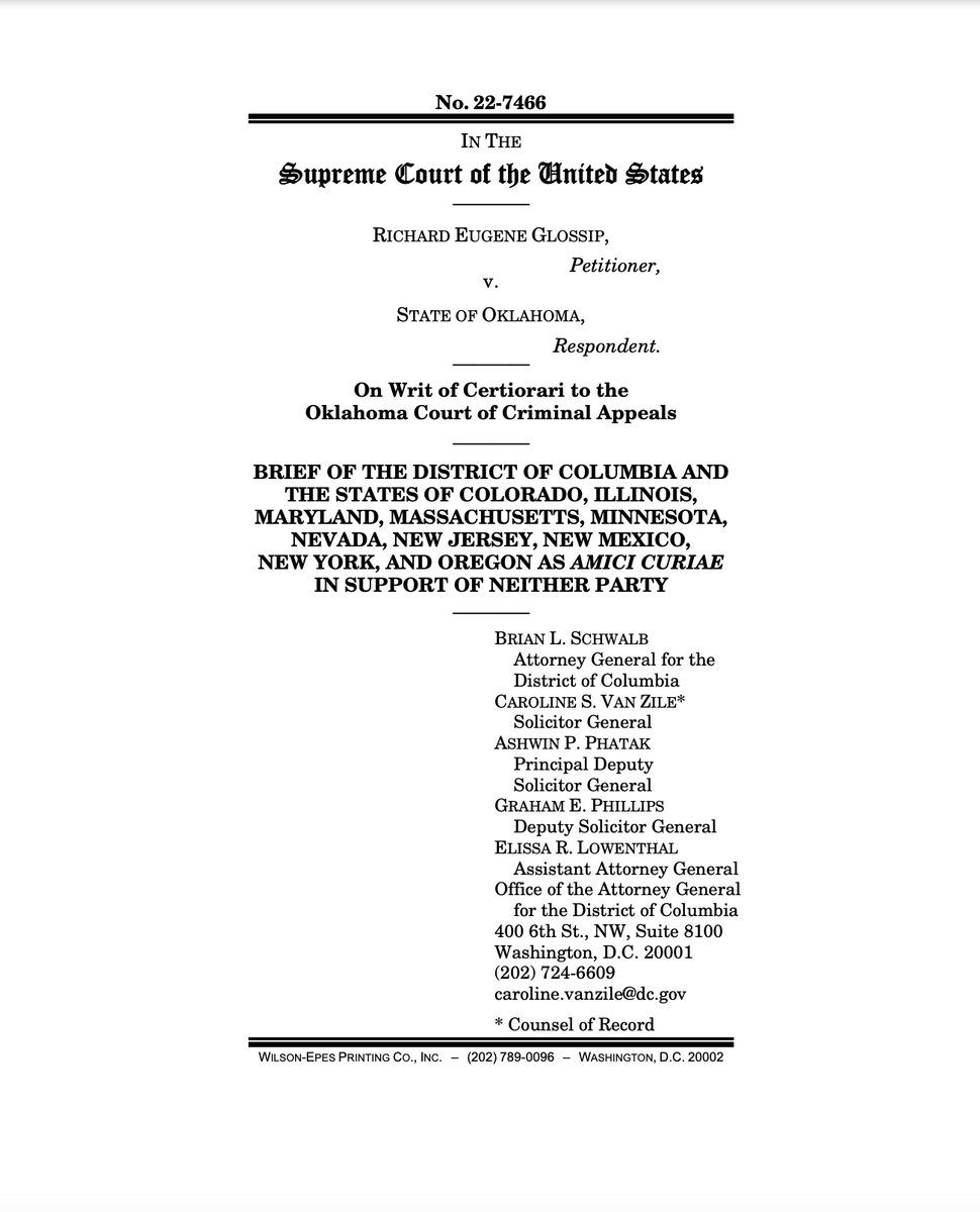 Ten states and the District of Columbia have filed an amicus brief in SCOTUS urging the Court to “afford great weight” to the @Okla_OAG’s confession of error in Oklahoma death-row prisoner Richard Glossip’s case. oag.dc.gov/sites/default/… @fjp_org @CCATDP @RealRichGlossip