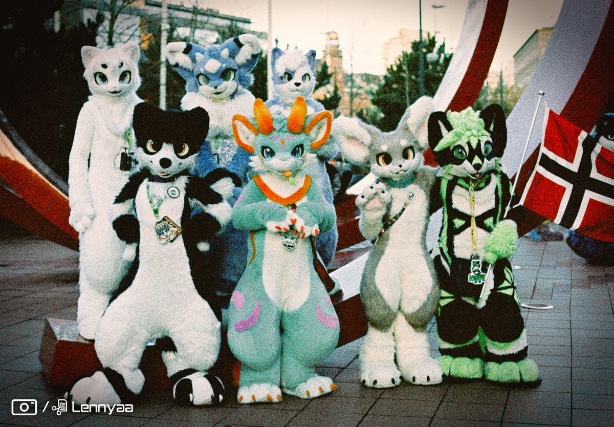 🎞️Smoll pre kemono photo shoot group of the chaotic bundle of fluff Fluffs LTR, top to bottom: ⚪️🐈@LennyaaFluff 🐈🐉@Crispy_Dwagon 🟣🐈@LexyBytes ⚫️🐕@Wolvinny 🐉@AilurusThePanda 🦊@Kitzen_Waffles 🟢🐺@VinFurr #nfc2024 #kemonofursuit