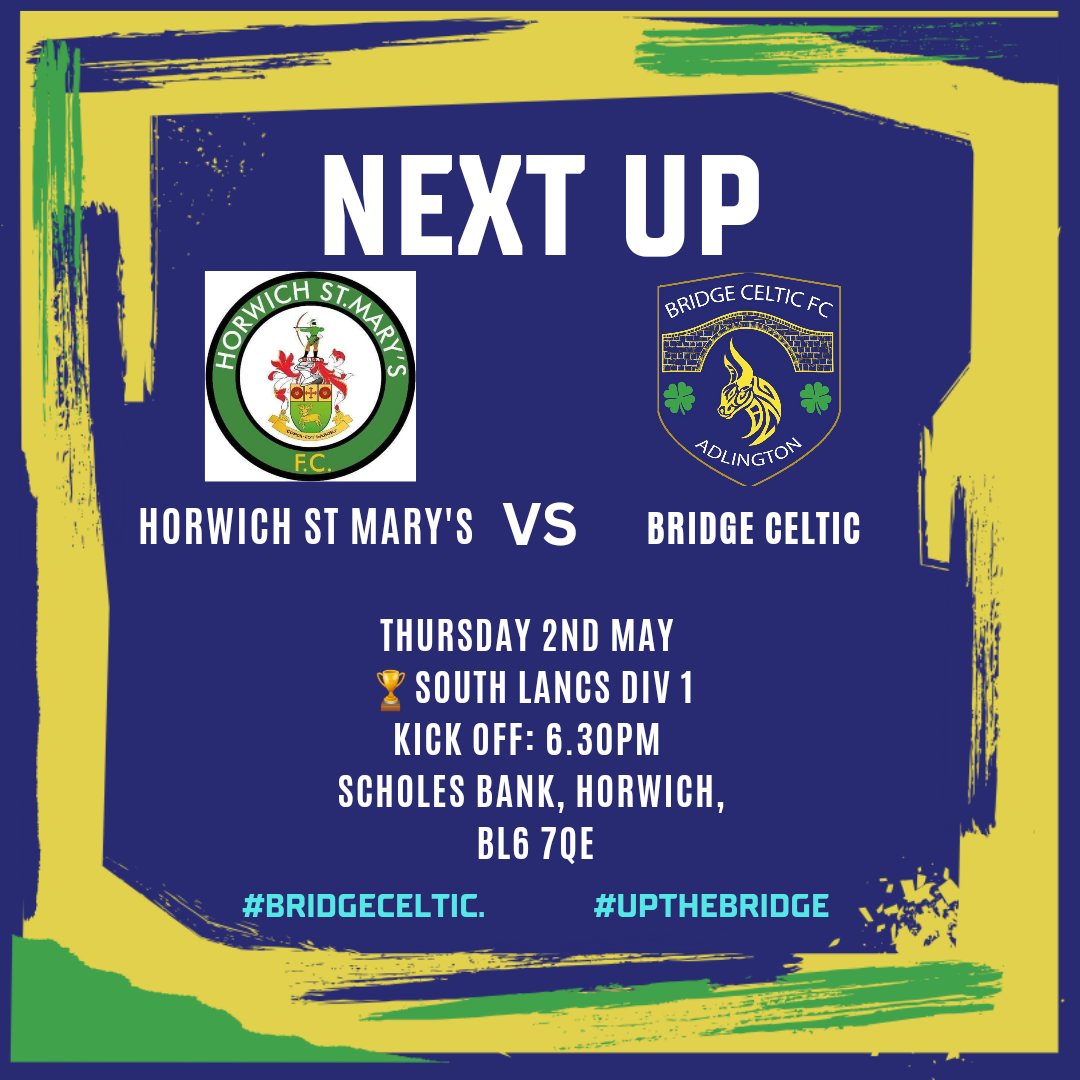 Tomorrow, we travel back to Scholes bank to play <a href="/StHorwich/">HorwichStMarysJFC</a>'s. The fixture was originally supposed to be played as our home game. Big thank you to everyone involved with the club at HSM for letting play it at their ground👍
#upthebridge 
#bridgeceltic
